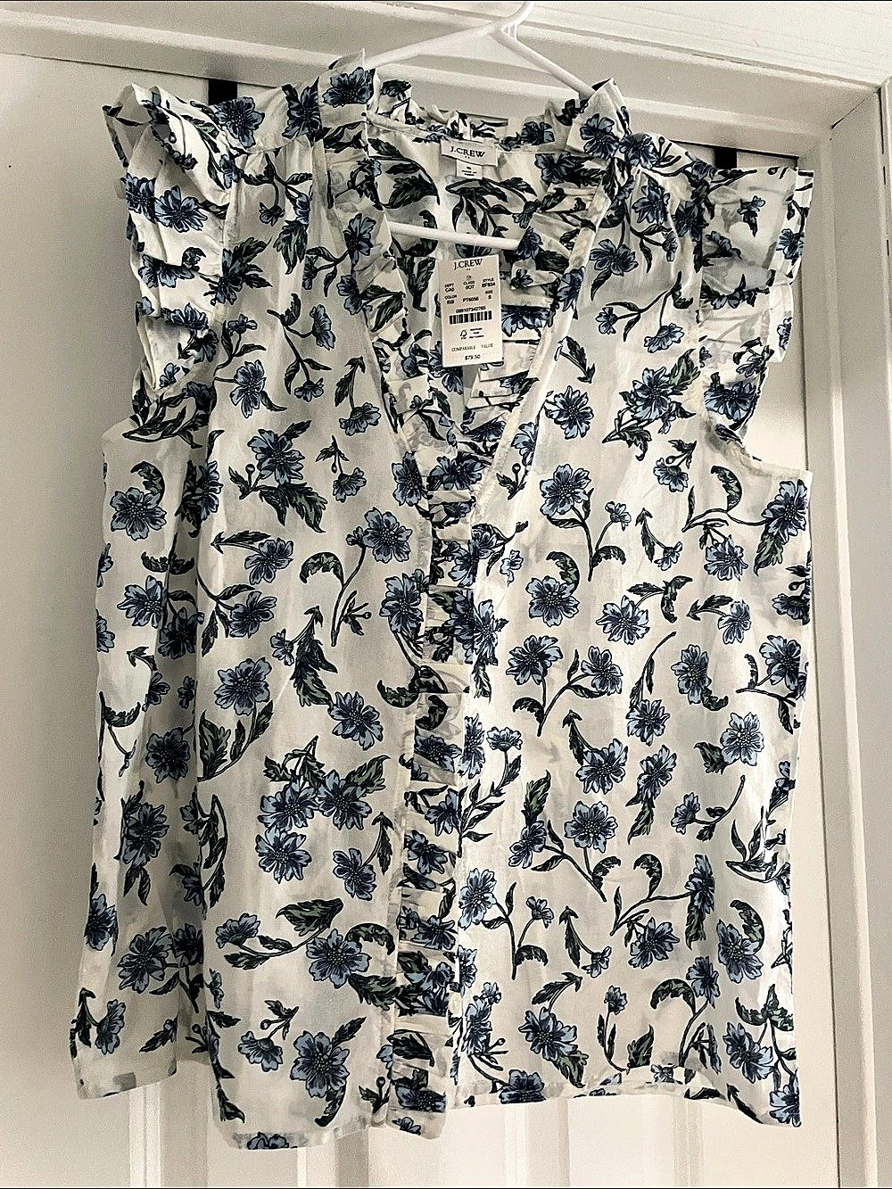 J.Crew Sleeveless Ruffle Top in Blue Floral Cotton Blouse Size Small